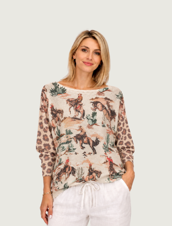 Look Mode Women's Rodeo and Leopard Contrast Sleeve Batwing Top