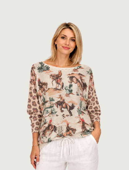 Look Mode Women's Rodeo and Leopard Contrast Sleeve Batwing Top