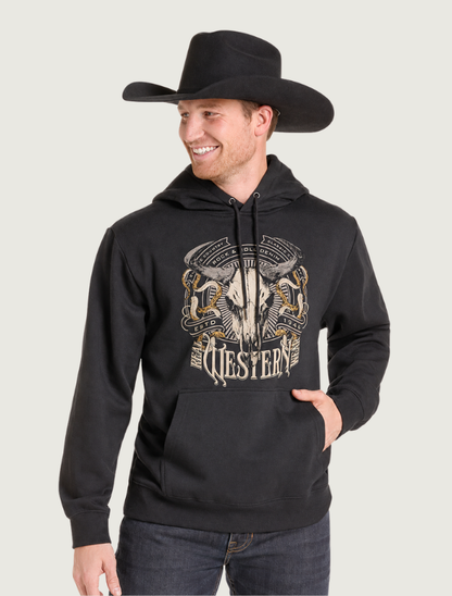Man in a black cowboy hat wearing the black steer-skull Western graphic hoodie, front view