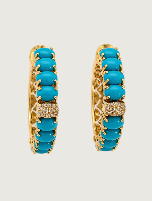 18K Yellow Gold Sleeping Beauty Turquoise & Diamond Hoops