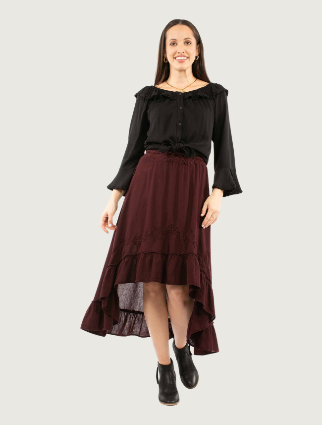 Scully Women's Burgundy Soutache Ruffle Hi-Lo Skirt