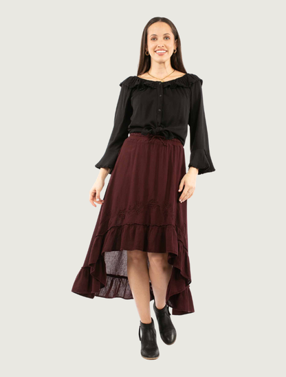 Scully Women's Burgundy Soutache Ruffle Hi-Lo Skirt