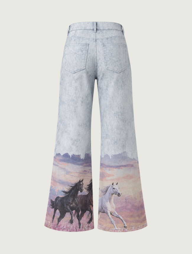 Mavericks Horse Print Wide Leg Jeans in Light Wash
