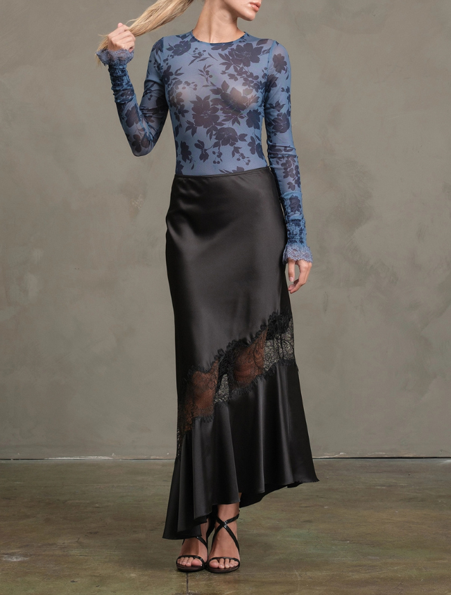 Raisonnel Lace-Inset Satin Bias Skirt