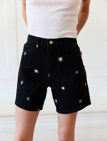 Raisonnel Star-Embroidered Black Denim Shorts