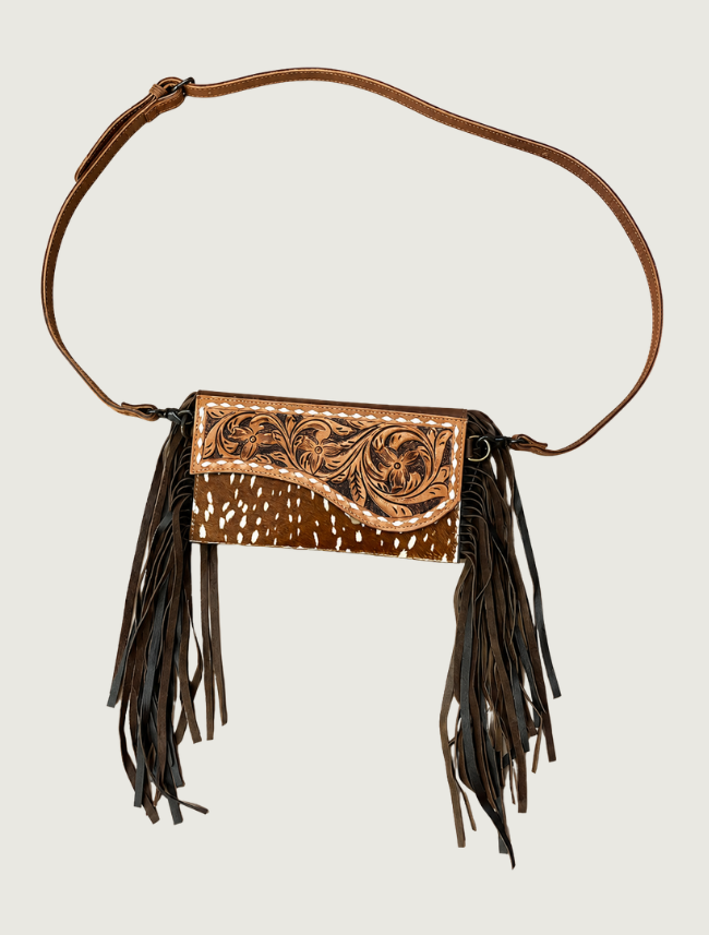 Mavericks Tooled Leather Fringe Bag with Speckled Cowhide