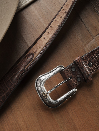 Stetson Men's Ostrich Print Croco Embossed Western Tabs Belt