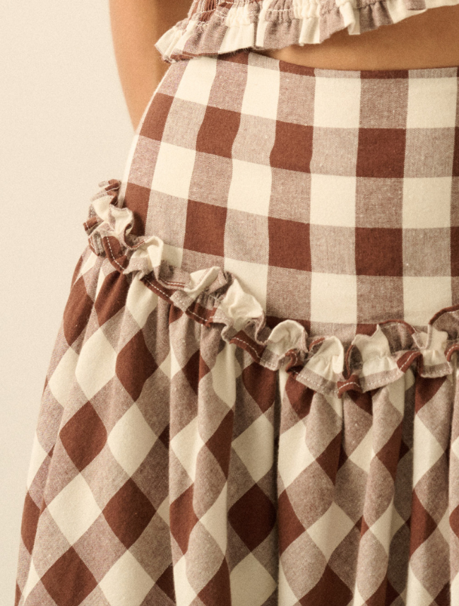 Promesa Gingham Drop Waist Ruffle Trim Midi Skirt
