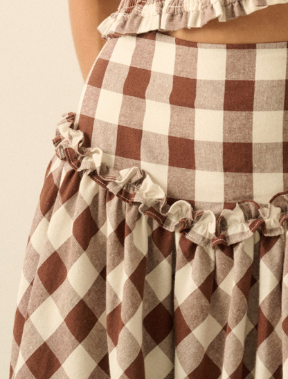 Promesa Gingham Drop Waist Ruffle Trim Midi Skirt