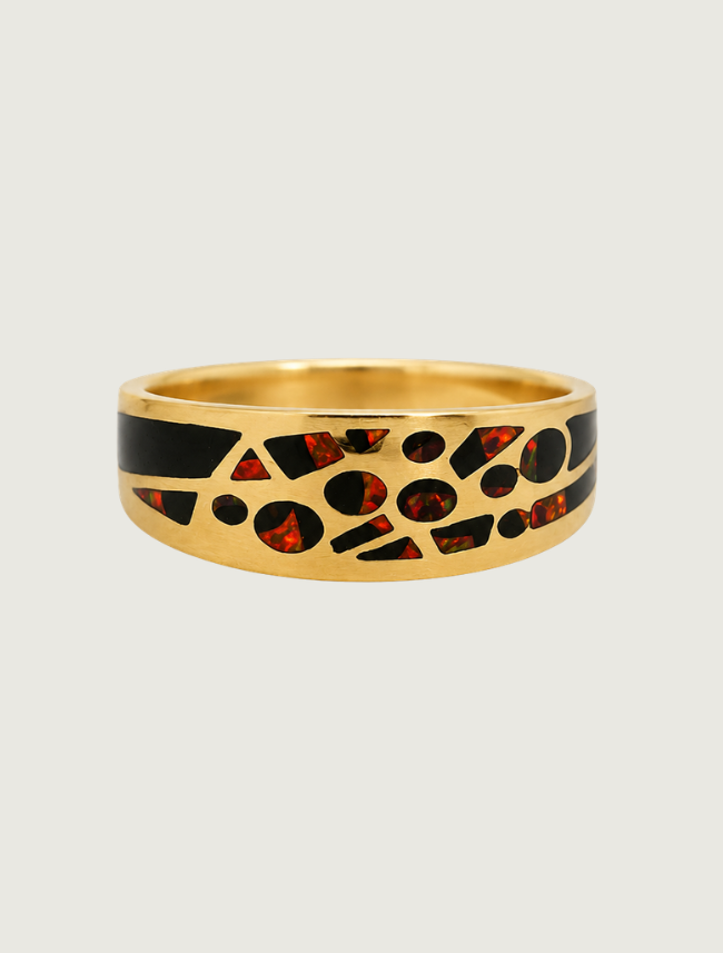 14K Yellow Gold Black Jade & Fire Opal Ring
