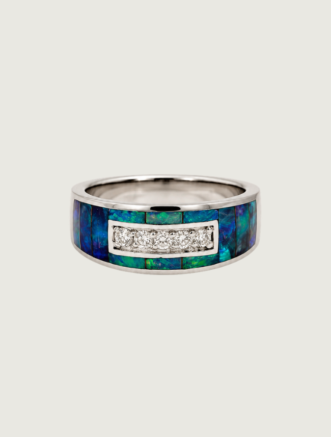 14K White Gold Opal Inlay & Diamond Ring