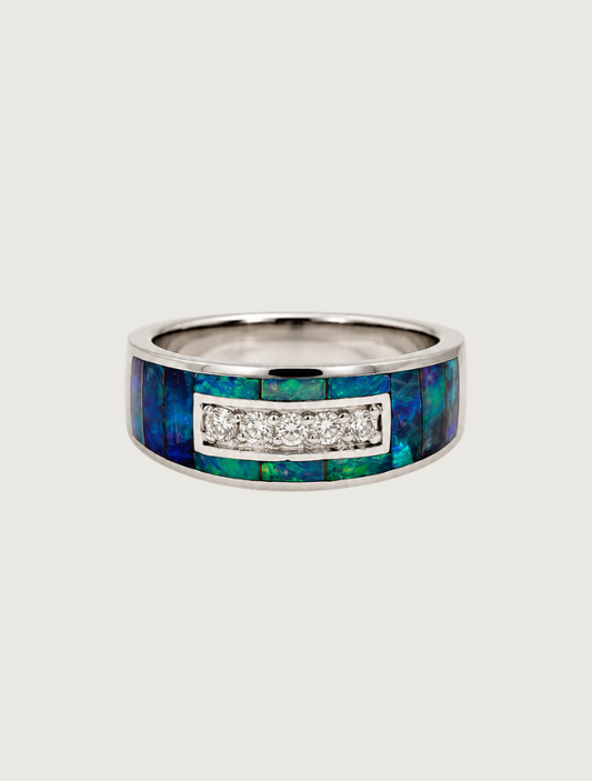 14K White Gold Opal Inlay & Diamond Ring