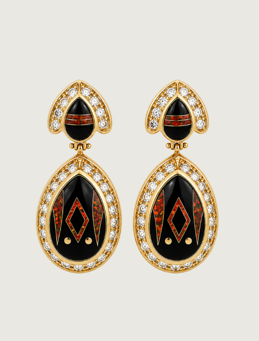 14K Yellow Gold Diamond, Black Jade, & Fire Opal Earrings