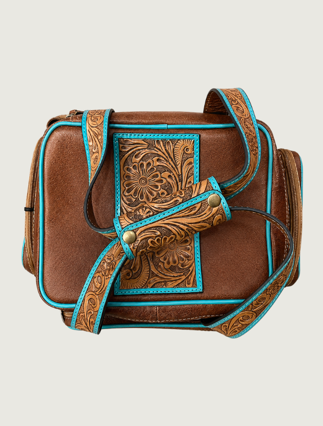 Mavericks Tooled Leather Lunch Box with Turquoise Trim