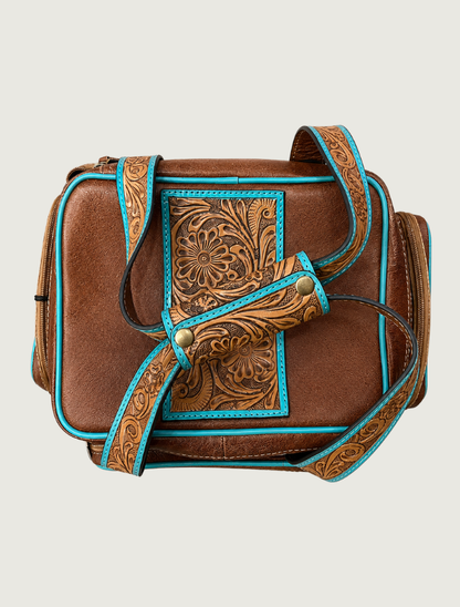 Mavericks Tooled Leather Lunch Box with Turquoise Trim