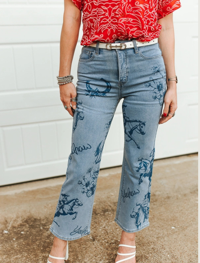 Lucky & Blessed Women's Light Wash Yeehaw Print High Rise Jeans