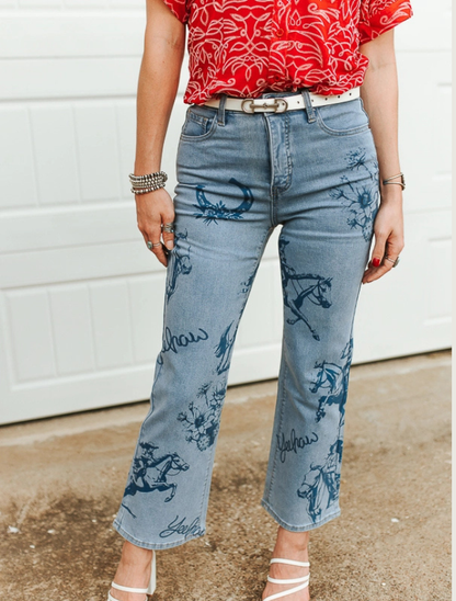 Lucky & Blessed Women's Light Wash Yeehaw Print High Rise Jeans