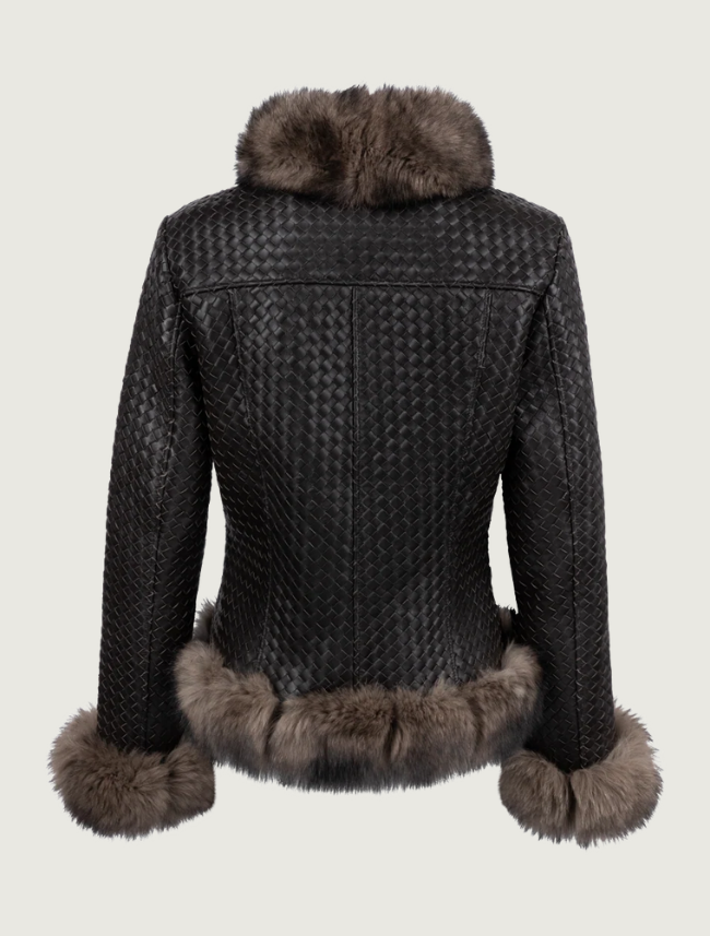 Pinto Ranch Women's Black Leather Woven Jacket with Fur Trim