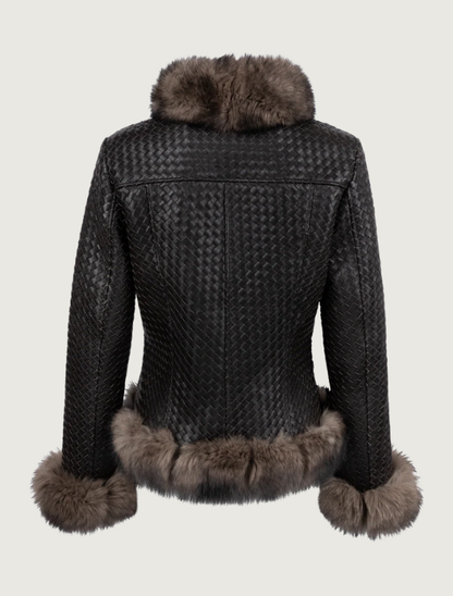 Pinto Ranch Women's Black Leather Woven Jacket with Fur Trim