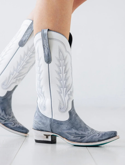 Lane Boots Lexington Cowgirl Boots in Washed Denim and Matte White
