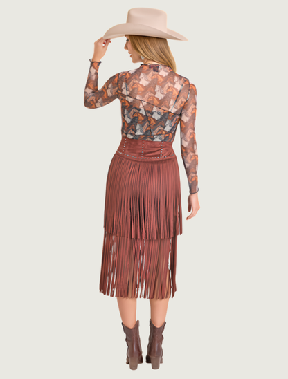 Rock & Roll Denim Midi Microsuede Fringe Skirt