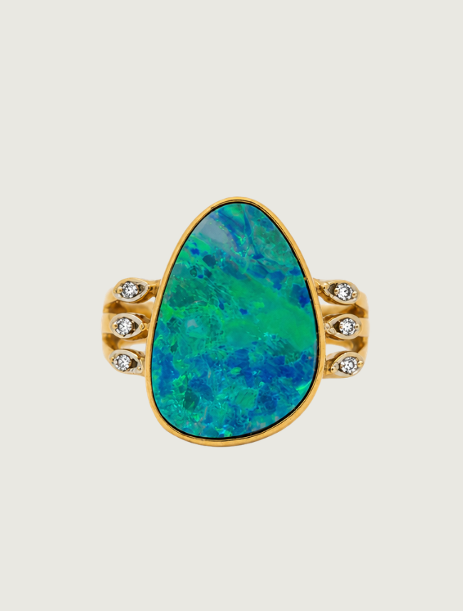 14K Yellow Gold Freeform Opal & Diamond Ring