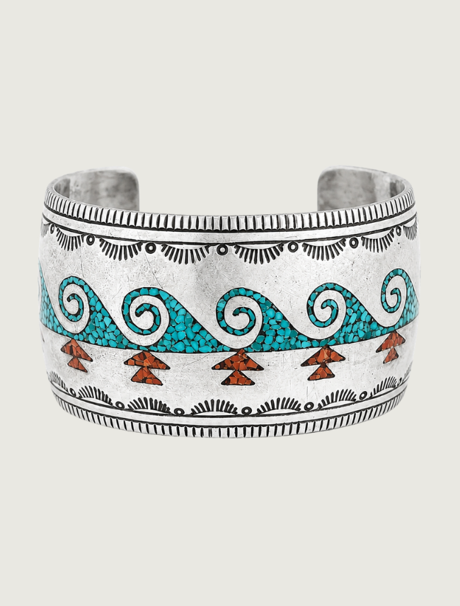 Sterling Silver Turquoise & Coral Pebbled Inlay Cuff Bracelet