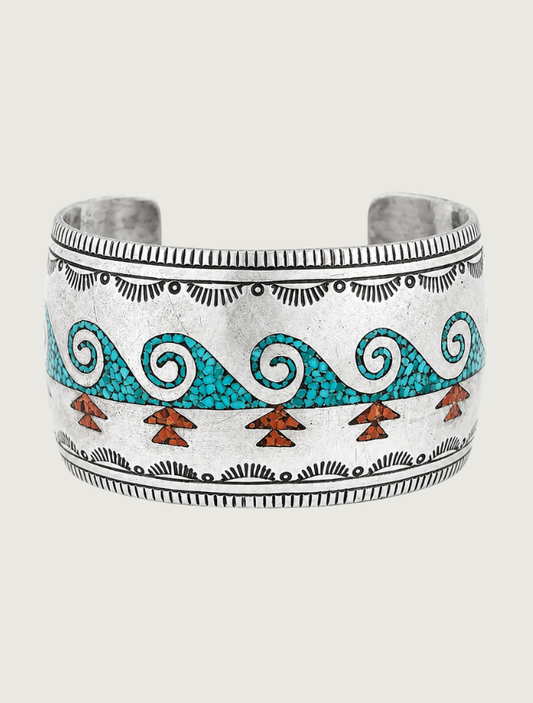 Sterling Silver Turquoise & Coral Pebbled Inlay Cuff Bracelet