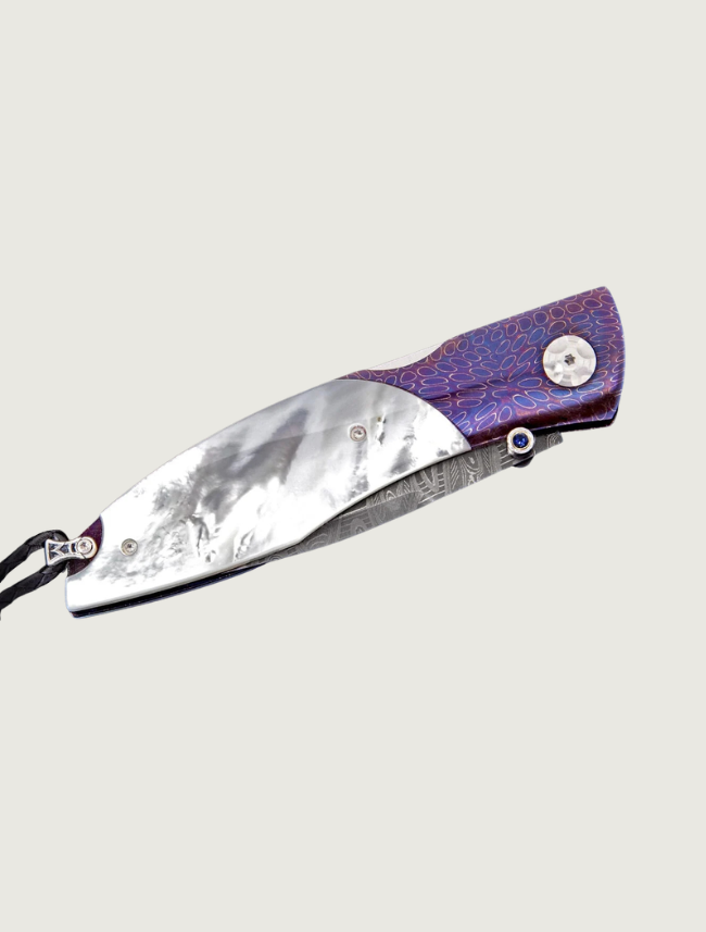 William Henry Steel and Mother of Pearl Pocket Knife with Topaz and Damascus Steel Blade