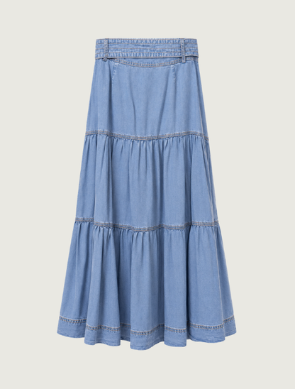 Mavericks Chambray Tiered Tie Front Midi Skirt