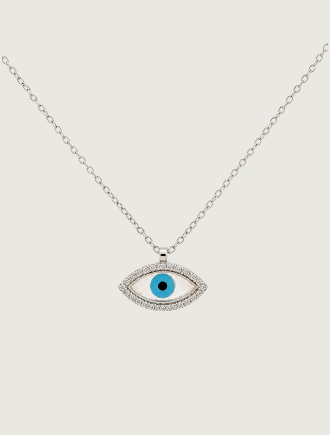 18K White Gold Enamel & Diamond Evil Eye Necklace