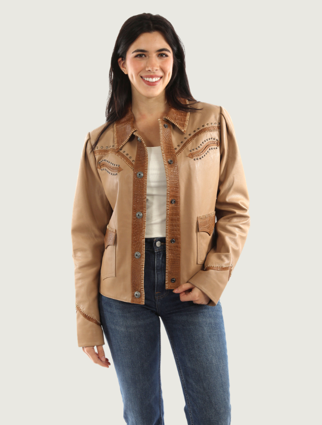 Mavericks Honey Studded Croc-Embossed Trim Leather Jacket
