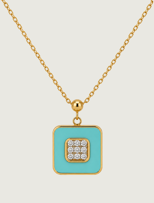 18K Yellow Gold Blue Enamel & Diamond Necklace