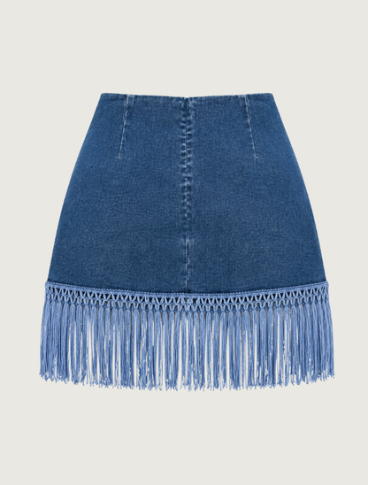 Mavericks Fringe Wrap Denim Mini Skirt in Medium Wash