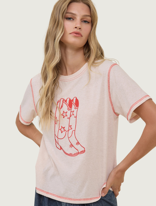 Raisonnel Cowboy Boots Embroidered Contrast Stitch Tee