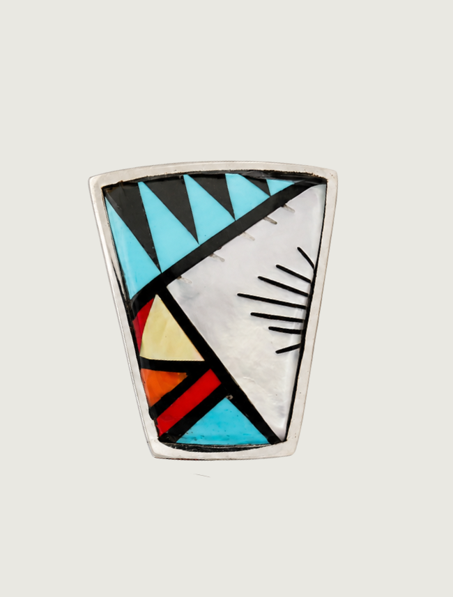 Front view of C.M. Booqua sterling silver inlay bolo tie clip