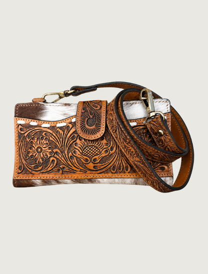 Mavericks Tooled Leather & Cowhide Crossbody Bag with Latch