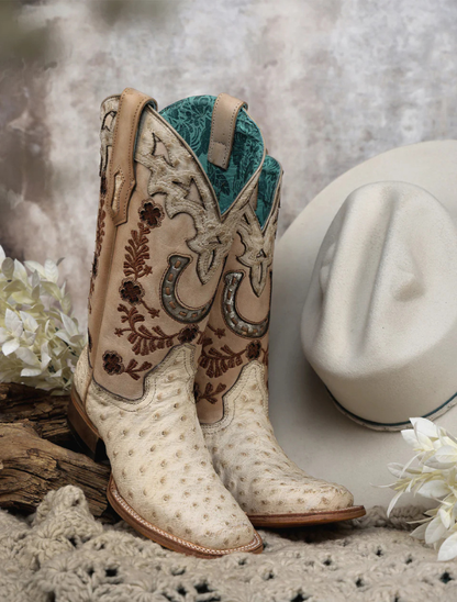 Corral Women's Floral & Horseshoe Embroidery Cowhide & Ostrich Cowboy Boot