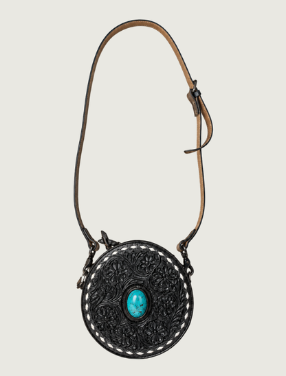 Mavericks Black Tooled Leather Round Crossbody Bag with Turquoise Concho