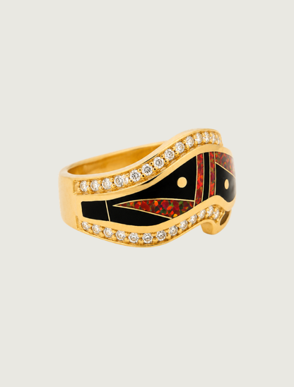 14K Yellow Gold Diamond, Black Jade, & Fire Opal Ring
