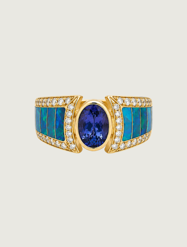 14K Yellow Gold Tanzanite, Opal, and Diamond Ring