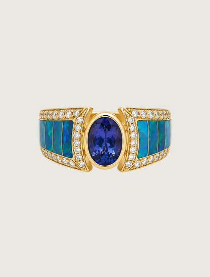 14K Yellow Gold Tanzanite, Opal, and Diamond Ring