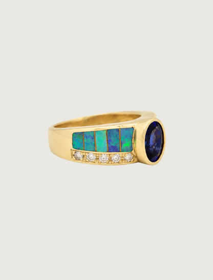 14K Yellow Gold Tanzanite, Opal, & Diamond Ring