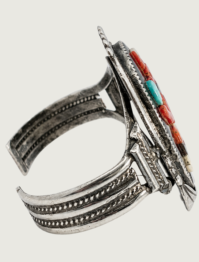 Zuni Sterling Silver Multi Stone Kachina Cuff Bracelet