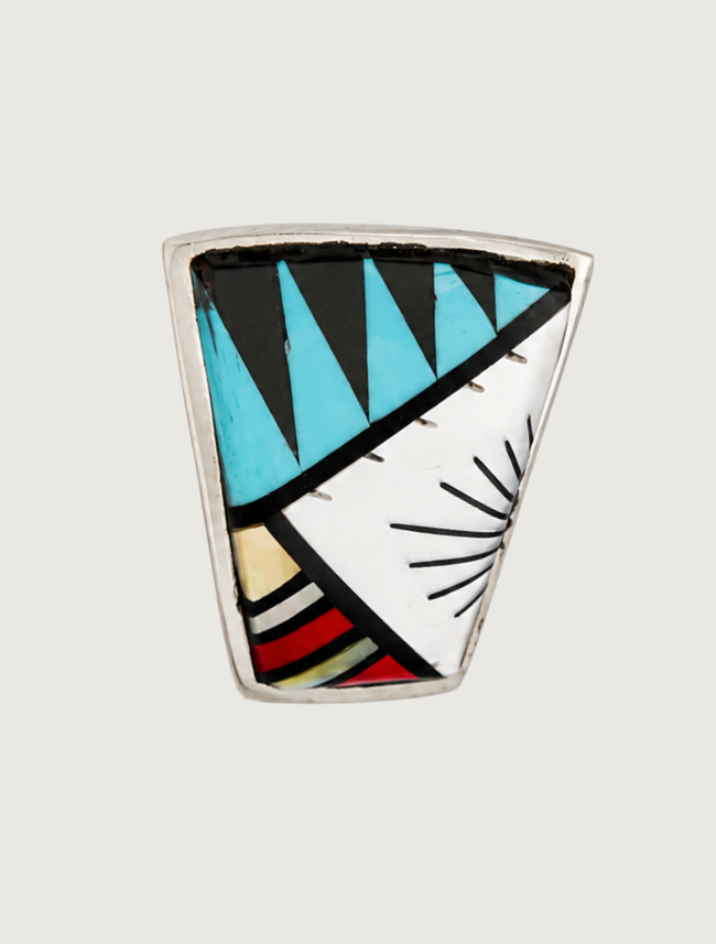 Front view of C.M. Booqua sterling silver inlay bolo tie clip