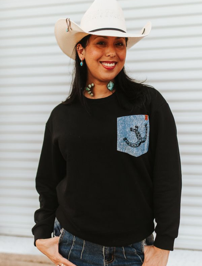 Lucky & Blessed Women's Black Denim Pocket Sweatshirt