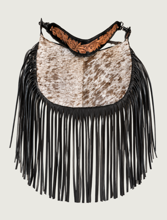 Mavericks Brown Fringe Hobo Bag with Cowhide & Tooled Leather Strap