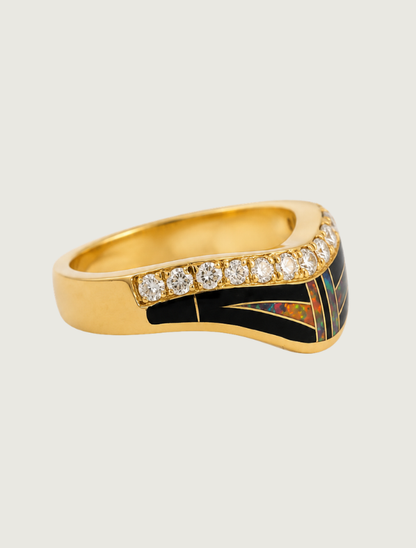 14K Yellow Gold Diamond, Black Jade, & Fire Opal Ring