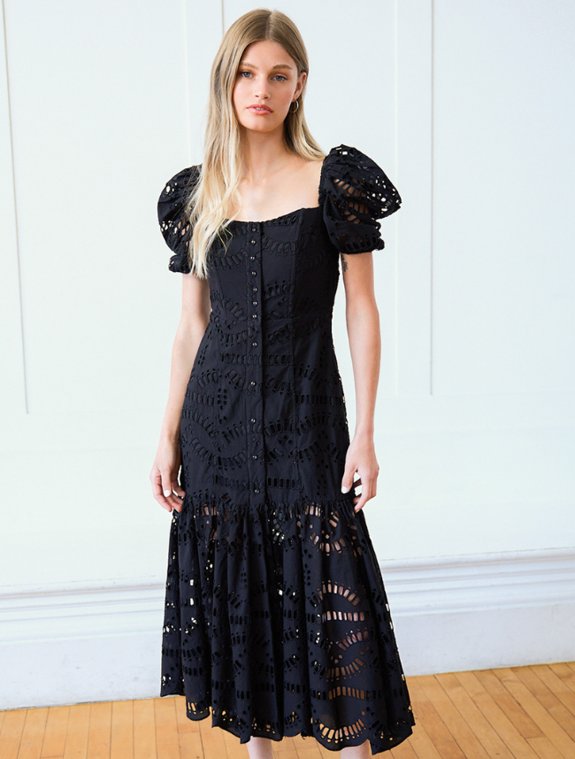 Raisonnel Black Eyelet Puff-Sleeve Midi Dress
