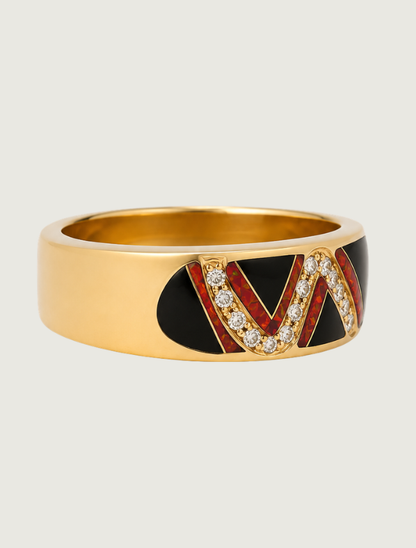 14K Yellow Gold Diamond, Black Jade, & Fire Opal Ring